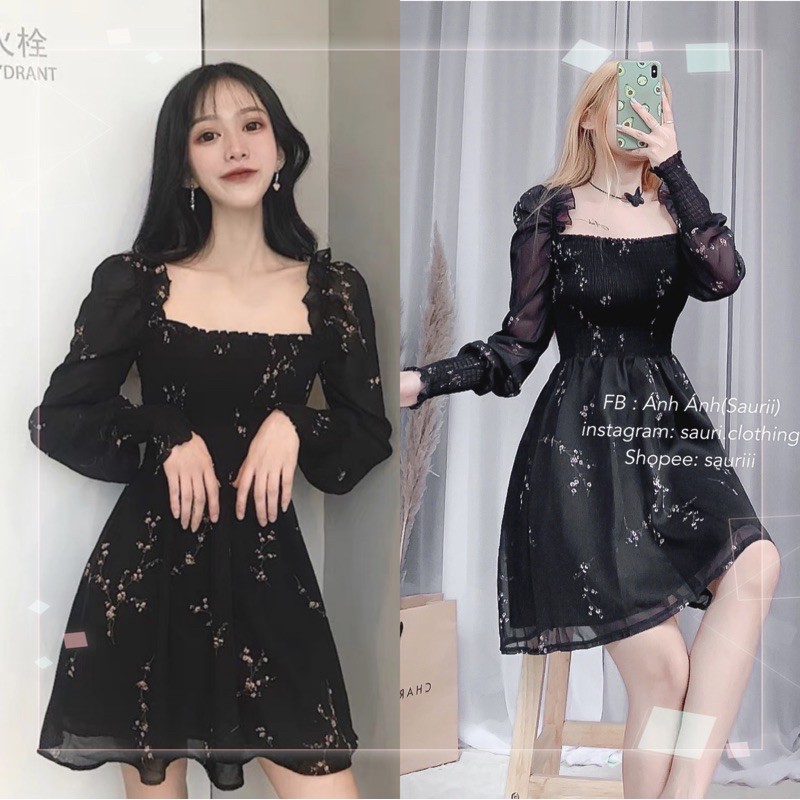 SẴN🖤Đầm ulzzang dạo phố xinh xắn|Đầm xoè tiểu thư nhún sang chảnh FLORA DRESS hoa nhí chất voan cổ vuông trễ vai