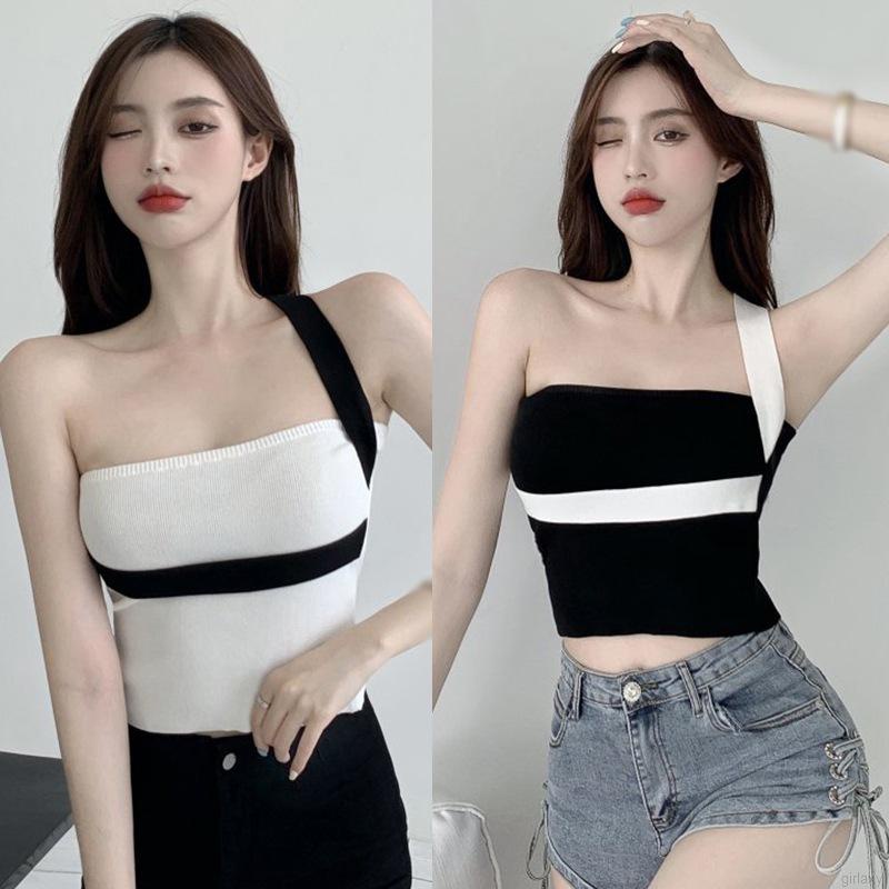 Áo croptop không tay cổ yếm màu sắc tương phản thời trang Hàn Quốc mùa hè cho nữ