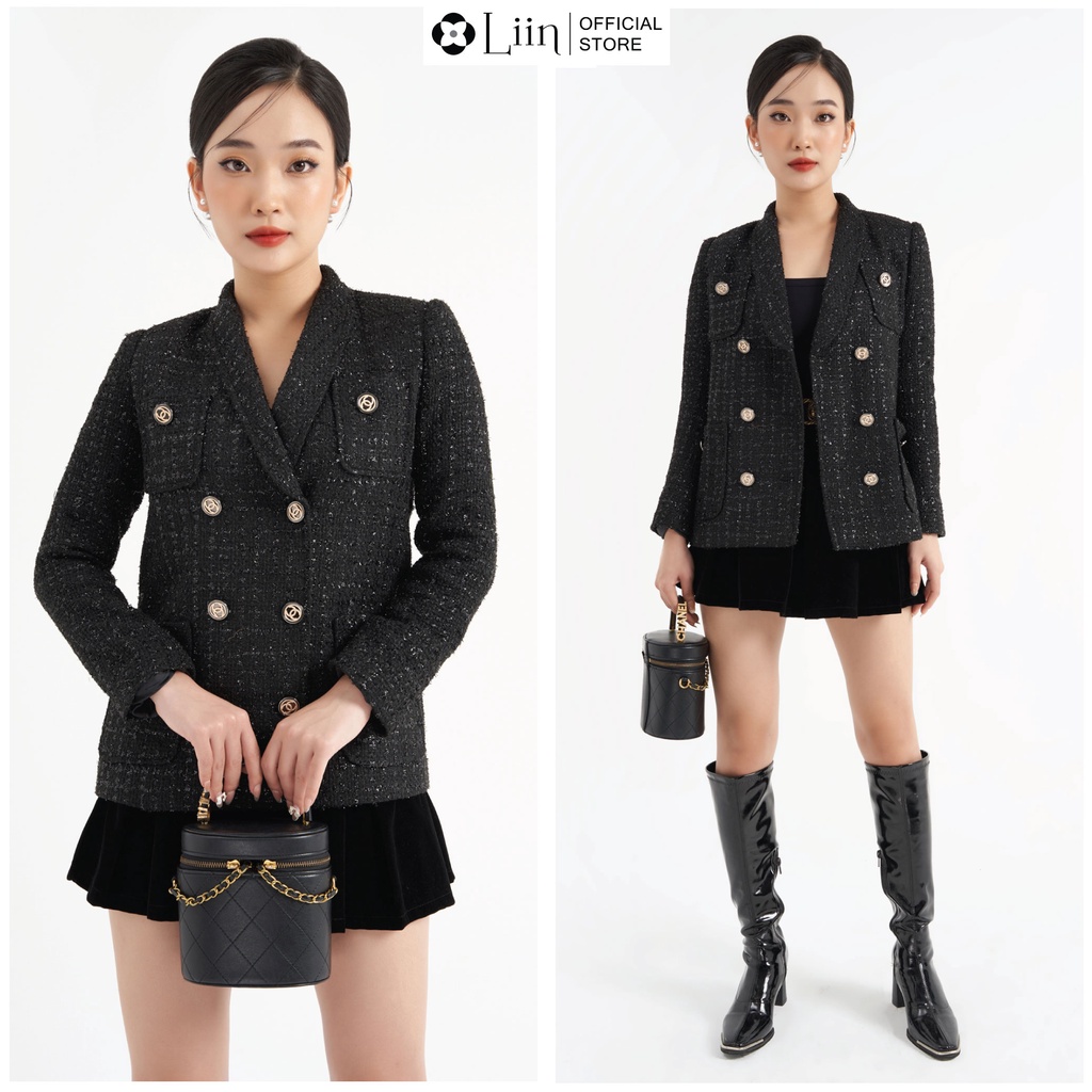 Áo vest dạ tweed màu đen dày dặn, kiểu dáng sang trọng, hiện đại Liin Clothing V5365