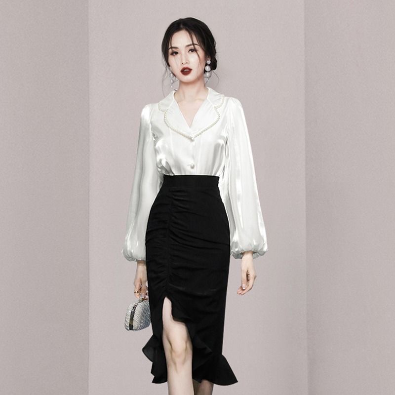 Set Áo Sơ Mi Trắng Và Chân Váy Đuôi Cá Phong Cách Công Sở Mới Cho Nữ