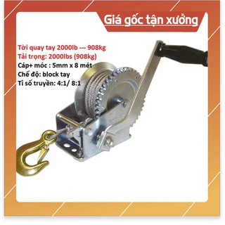 Tời quay tay 2000 lbs tải trọng 908 kg có cáp móc 10 mét cơ khí liên sơn