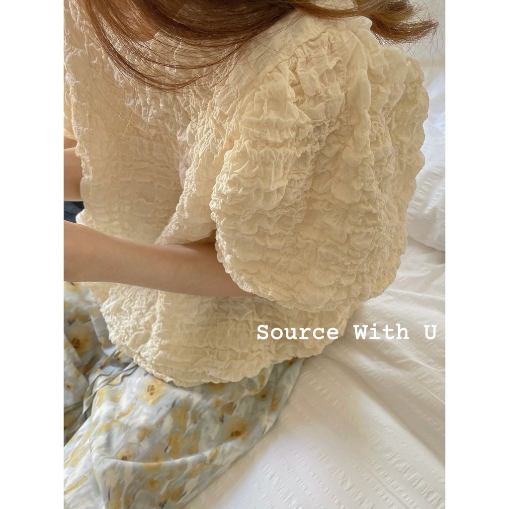 Áo kiểu tay ngắn dáng rộng thiết kế gấp nếp phong cách Hàn Quốc thời trang cho nữ