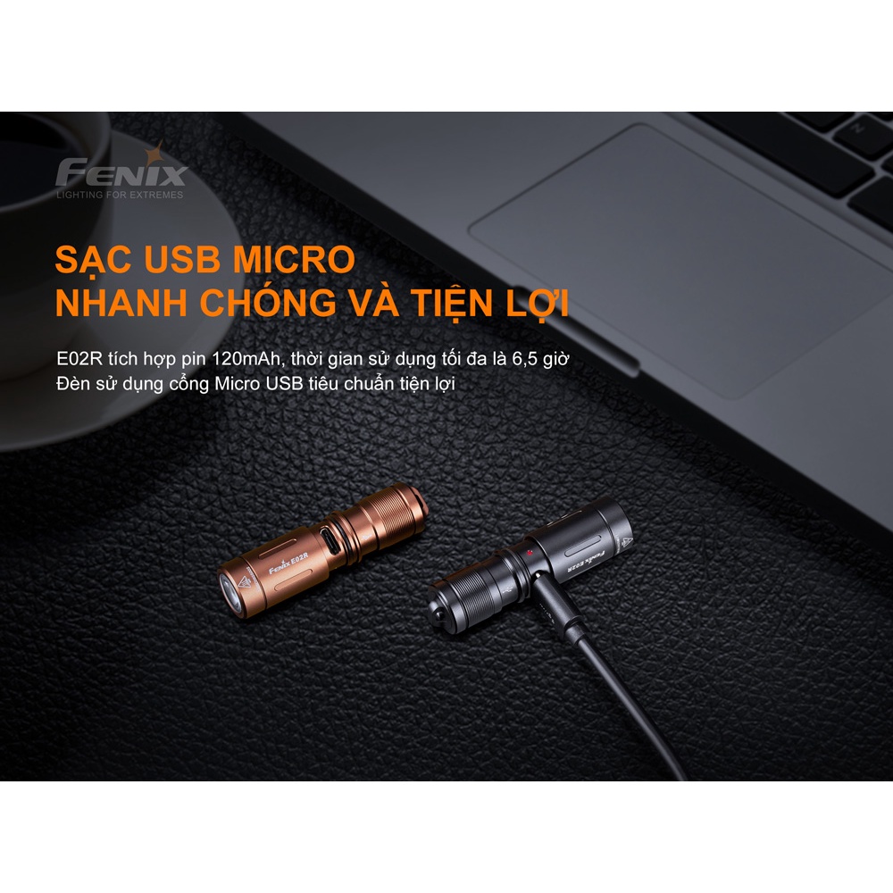 Đèn pin móc khóa FENIX E02R độ sáng 200 lumen chiếu xa 49m sạc Micro USB pin sạc 120mAh