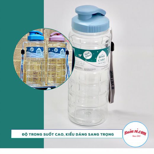 Bình nước kẻ caro Việt Nhật 750ml - Bình nước nhựa kẻ caro học sinh có quai dù treo tiện lợi 0098 - 01470