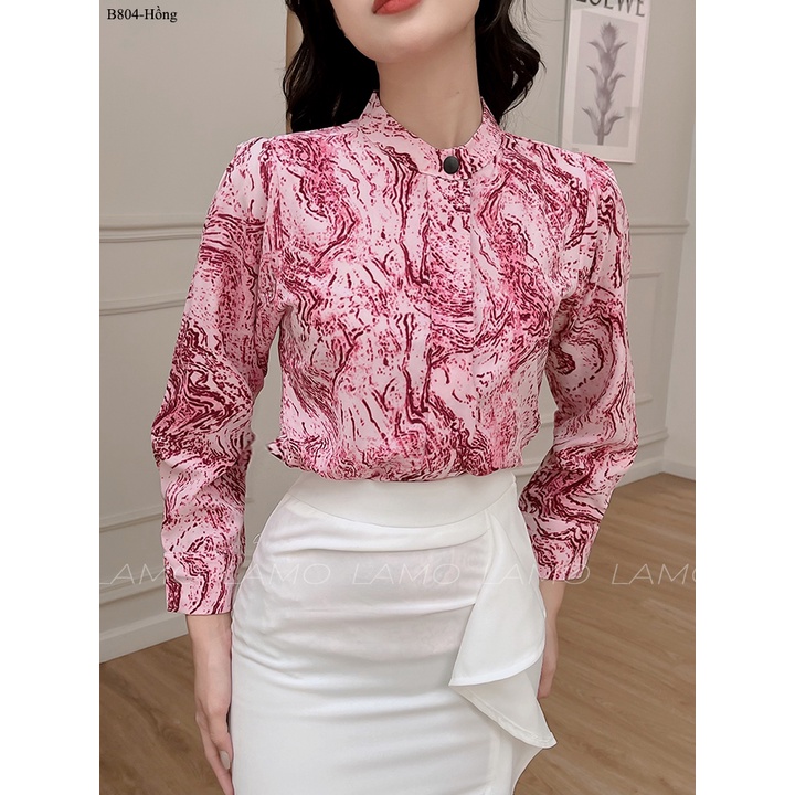 B804- Áo sơ mi công sở nữ họa tiết kiểu đẹp cổ trụ nút bấm