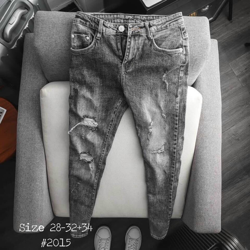 Quần Jean Nam Dài Ống Suông Màu Xám Rách Kiểu, Quần Bò Nam Kiểu Rách Cao Cấp Chất Jeans MuradFashion MS7834