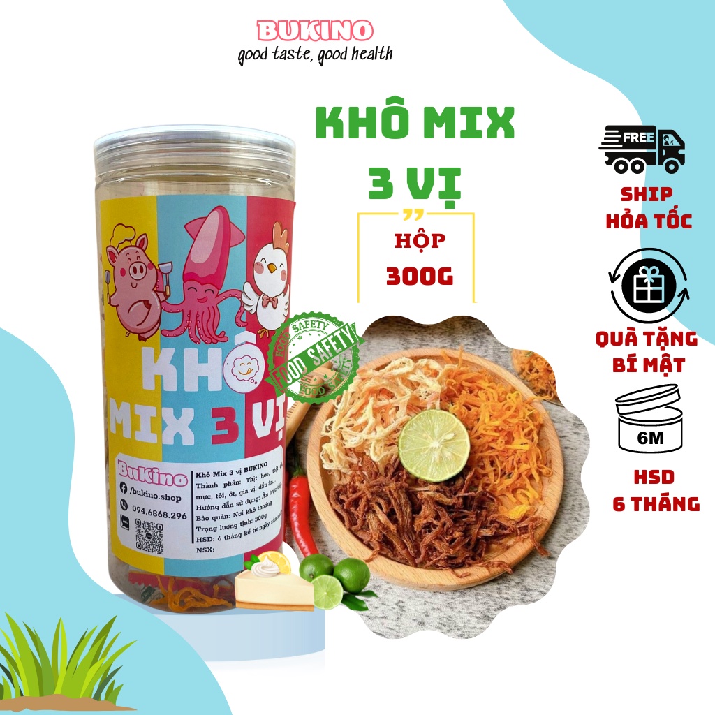 Khô heo mix khô gà, khô mực BUKINO, hộp 300g gồm 3 vị, đồ ăn vặt khô mix 3 vị Hà Nội vừa ngon vừa rẻ
