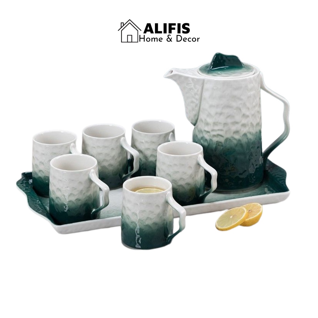 Bộ bình ly uống trà 6 cốc sứ kèm khay sứ sần cao cấp có hộp đựng Alifis