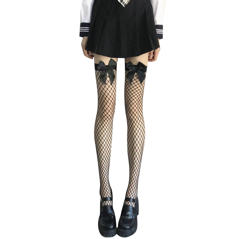 Brroa Tất Lưới Cao Qua Gối Vải Satin Đính Nơ Họa Tiết Hoạt Hình Nhật Bản Lolita Gợi Cảm Cho Nữ