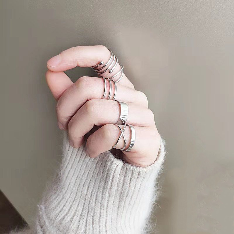 Redbud Punk Retro Silver Finger Knuckle Open Rings 6 Pcs/set Simple Round Ring Women Accessories Jewelry Best Gift