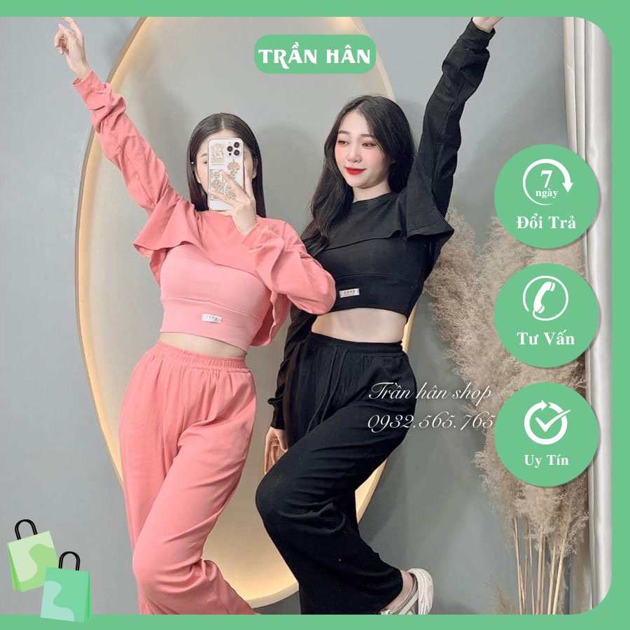 Set bộ nữ 3 chi tiết áo croptop mix quần ống rộng uzzang thời trang hiện đạiI Trần Hân Shop 4012400