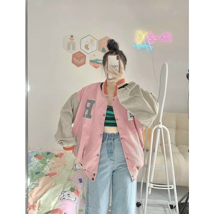 ÁO KHOÁC BOMBER NỮ THÊU CHỮ R CHẤT KAKI NHUNG CAO CẤP ĐẸP TINH TẾ THỜI TRANG