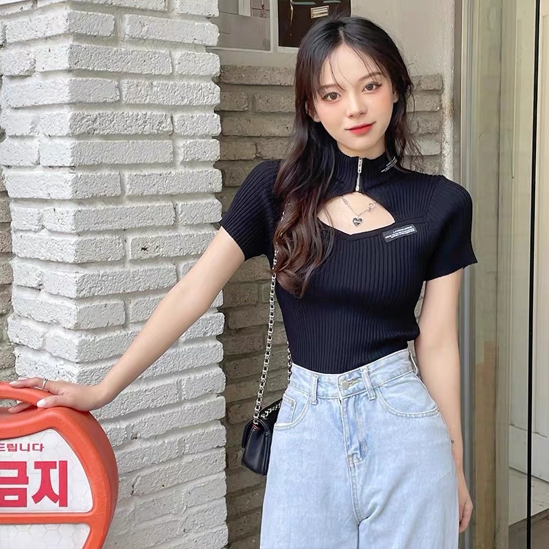 áo len dệt kim mix khoá cổ &amp; mác ngực sexy (1357#)