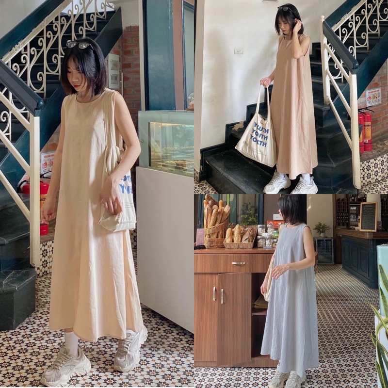(Hàng sẵn) Váy sát nách dài/Đầm thô đũi sát nách dài dáng xoè vintage - 2 Màu Be/Xám - Freesize - HULA 훌라