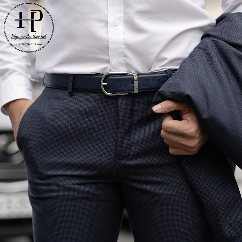 Thắt Lưng Nam Màu Xanh Da Safiano Nhập Khẩu, Thắt Lưng Nam Big Size Phong Cách Công Sở Lịch Lãm + Đục Lỗ Cài