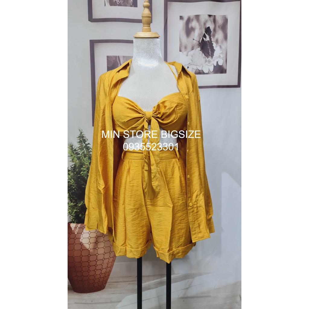 BIGSIZE Set áo 2S nơ SET452 set đi biển BIKINI vải đũi xược  🌈Màu sắc: nude - vàng msbigsize cân nặng 55kg đến 95kg