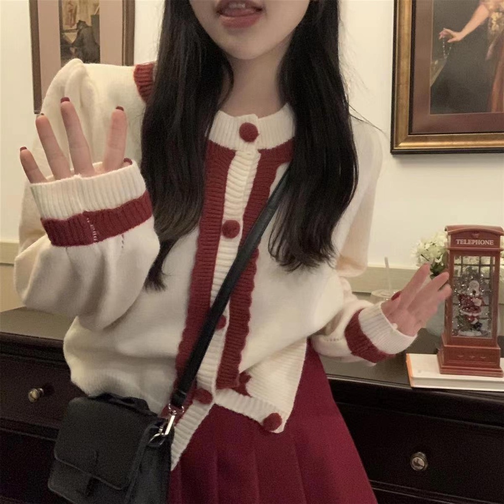 Áo cardigan Dệt Kim Tay Phồng Cổ Chữ V Màu Sắc Ngọt Ngào Phong Cách Hàn Quốc Cho Nữ