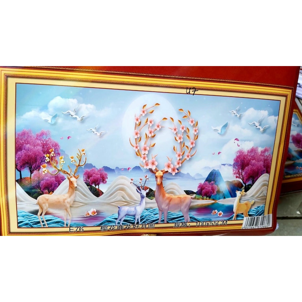 Tranh thêu kín Hươu Tài Lộc Phú Quý E67, E76 (100x55cm) - tranh chưa thêu