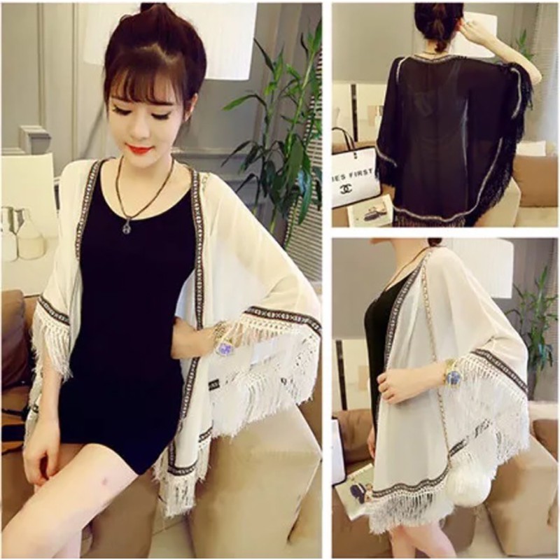 Kimono áo khoát choàng bikini tua rua cho nữ mặc đi biển du lịch sang chảnh AC005