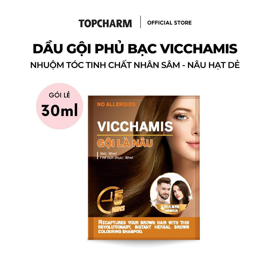 [Gói Lẻ] Dầu Gội Phủ Bạc Vicchamis Gói 30Ml, Nâu Hạt Dẻ, Dầu Gội Dưỡng Tóc Mềm Mượt Chiết Xuất Nhân Sâm