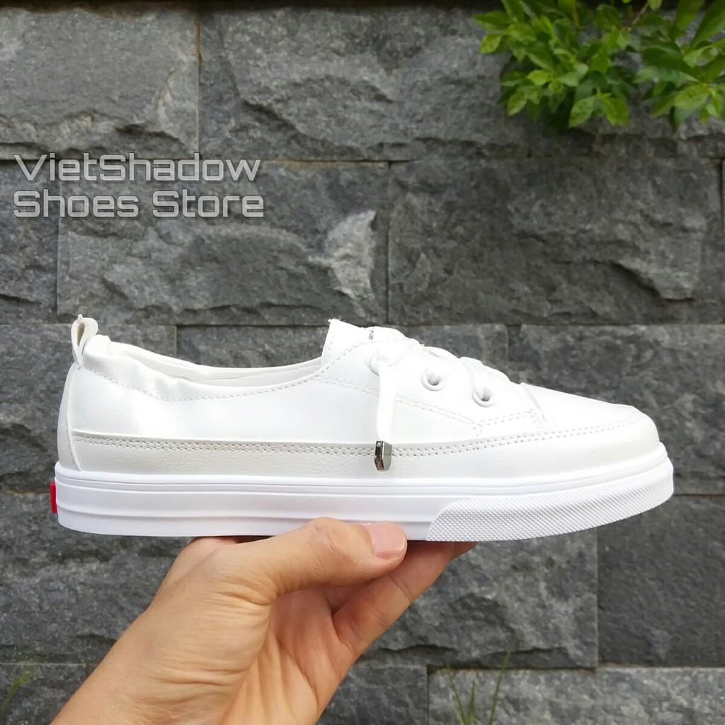 Slip on da nữ - Giày lười da nữ - Da PU màu trắng full và trắng khâu chỉ đen - Mã SP: 2216 (8620)