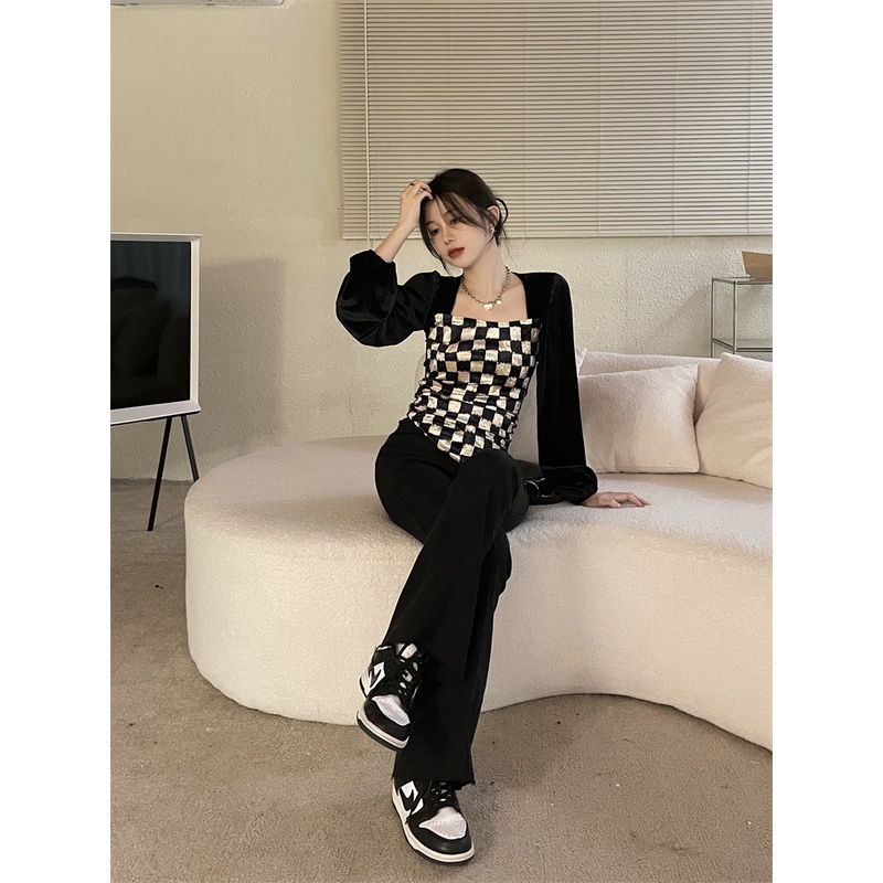 Áo kiểu tay phồng dài cổ vuông họa tiết sọc caro thời trang Hàn Quốc