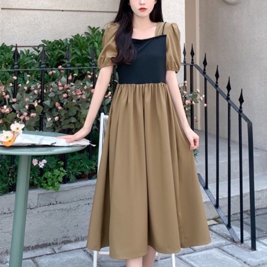Đầm Ngắn Tay Cổ Vuông Giả Hai Lớp Thời Trang Mùa Hè