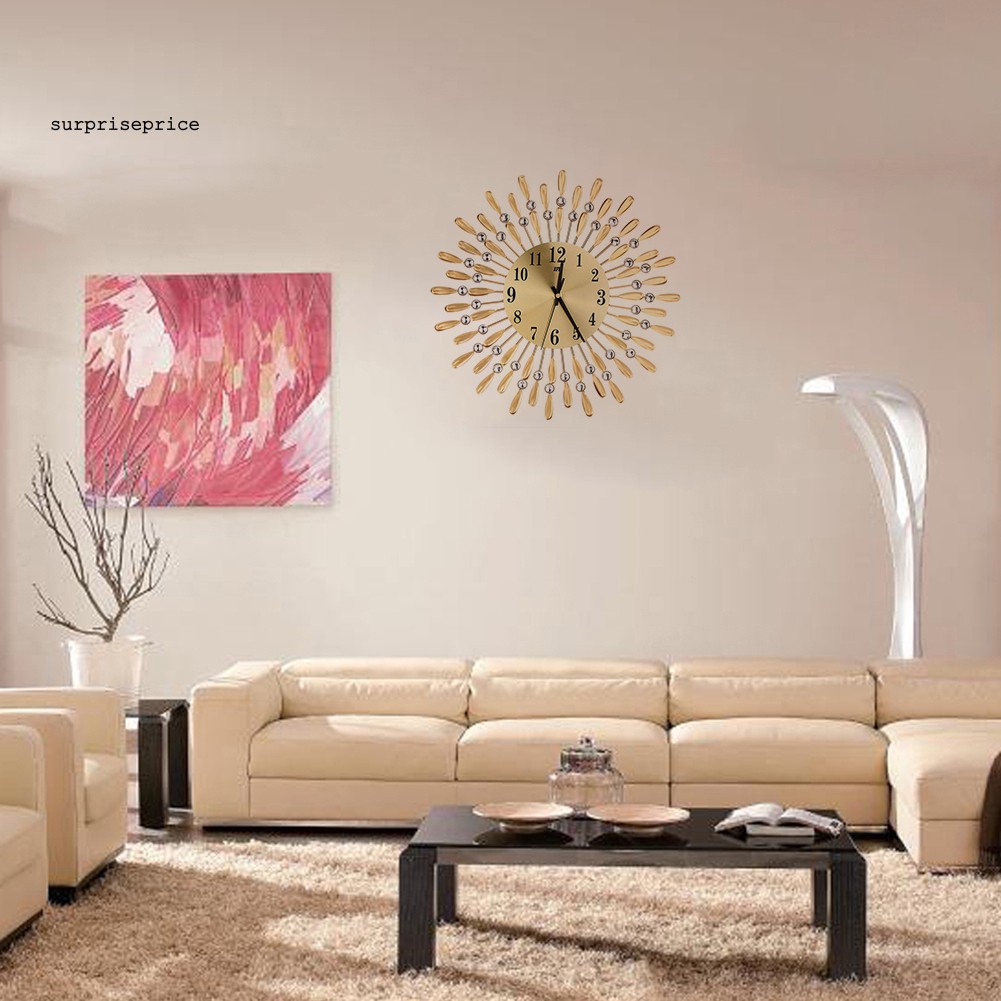 Đồng hồ lớn treo tường gắn đá lấp lánh hình mặt trời 15inch 3D phong cách hiện đại dùng trang trí nội thất