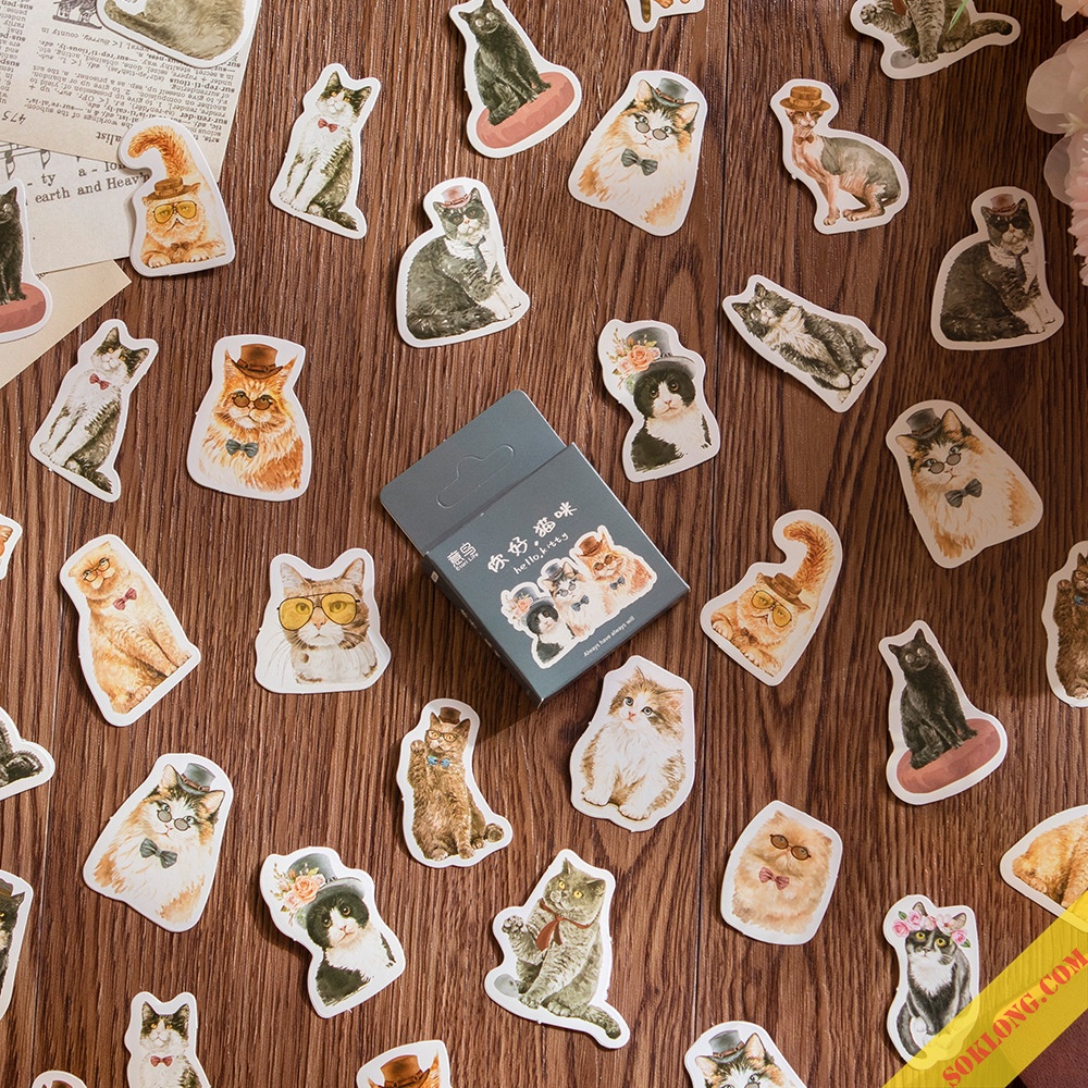 Sticker mèo cute hộp 46 sticker hoạt hình Mèo STI62 phong cách Châu Âu quý tộc VPPTUEMINH