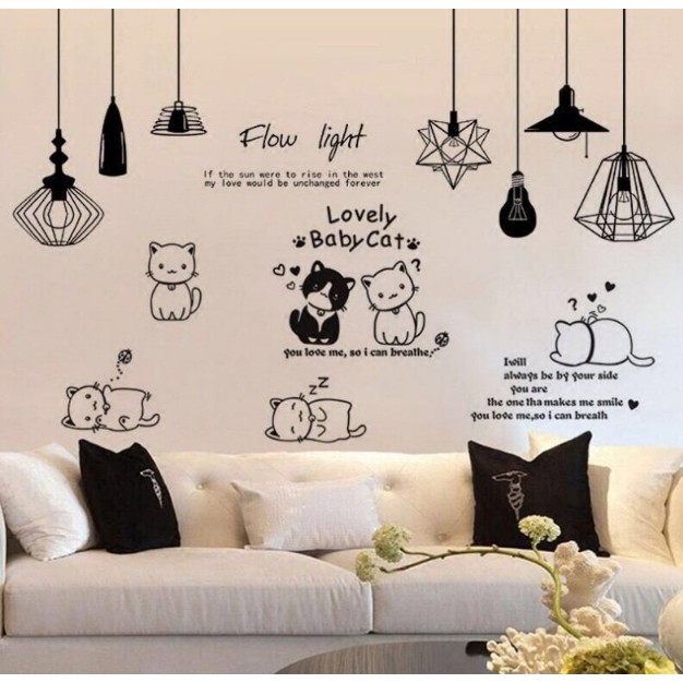 BỘ COMBO DECAL GHÉP ĐÔI TRANG TRÍ - Mèo Ú kết hợp Đèn Dây Đen ( 2 TẤM )