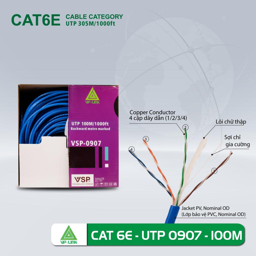 Thùng cáp mạng VP-Link Cat 6E UTP VSP-0907  Lõi Chữ Thập, Dây Cáp Xanh - Hàng Chính Hãng - Bảo hành 1 tháng