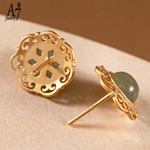 Bông Tai Bạc 925 Đính Đá Ngọc Bích Kiểu Retro Thời Trang Cho Nữ A7 S925