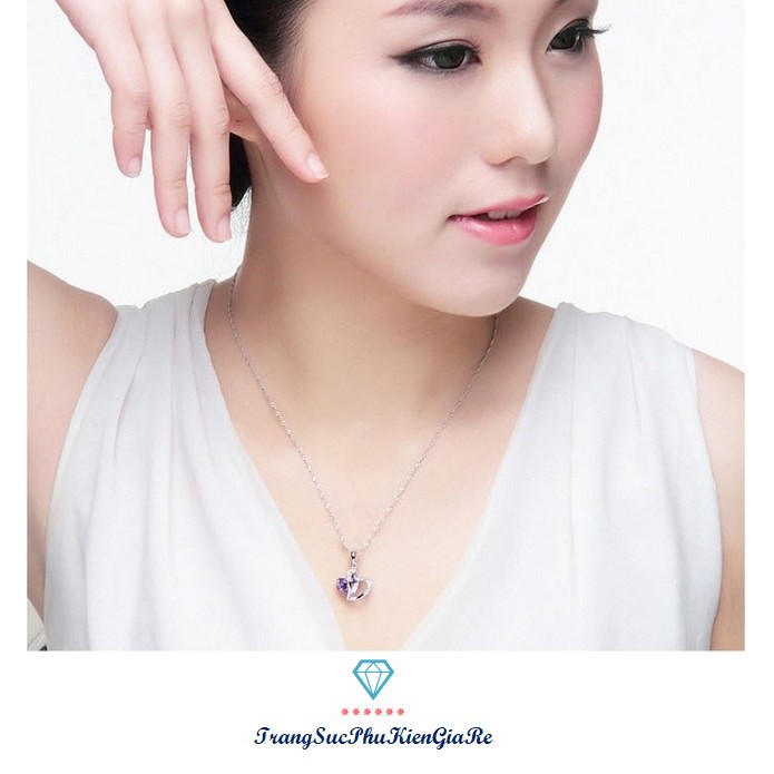 Vòng cổ trái tim ghép hạt đá tím bạc ý 925 DC40