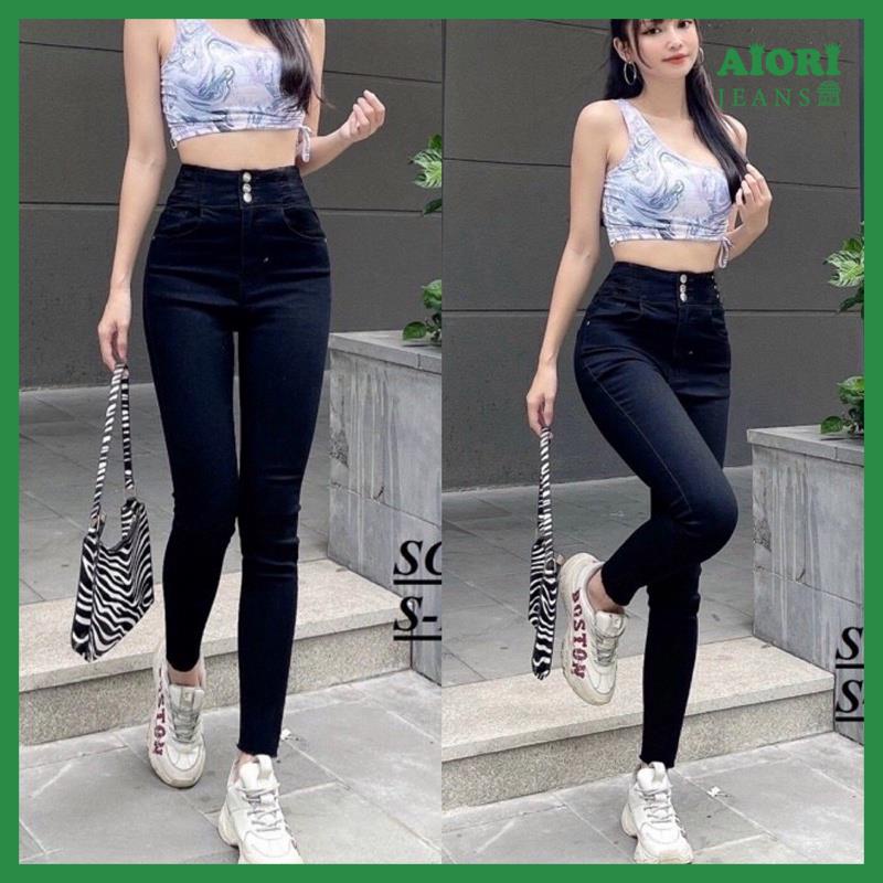 Quần Jean Nữ Aiori Skinny Dáng Dài Ôm Lưng Cao 3 Nút Màu Đen Tuyền Vải Cao Cấp Co Giãn Tốt Mềm Mịn Thoáng Mát_LNa