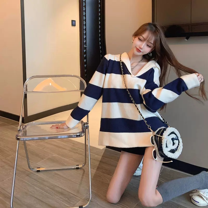 Áo ZHELIHANGFEI dệt kim tay dài cổ thủy thủ dáng rộng dễ phối đồ tùy chọn màu sắc