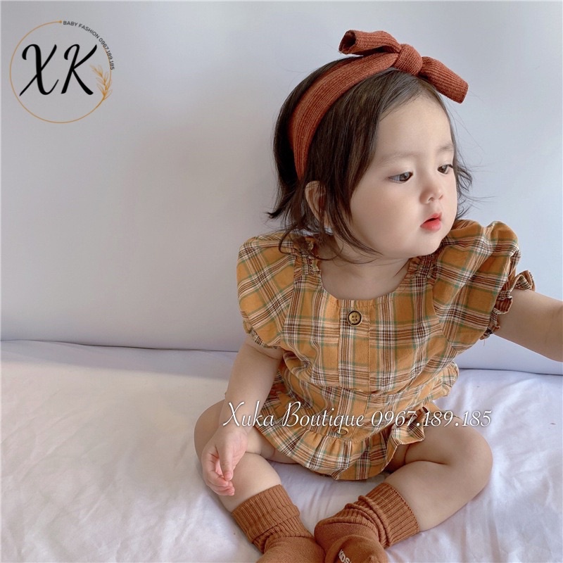 Bộ Quần Áo Cộc Tay Bé Gái Kẻ Nâu Vàng Cực Tây 0-2 Tuổi Xuka Boutique Set Quần Áo Trẻ Em 2022
