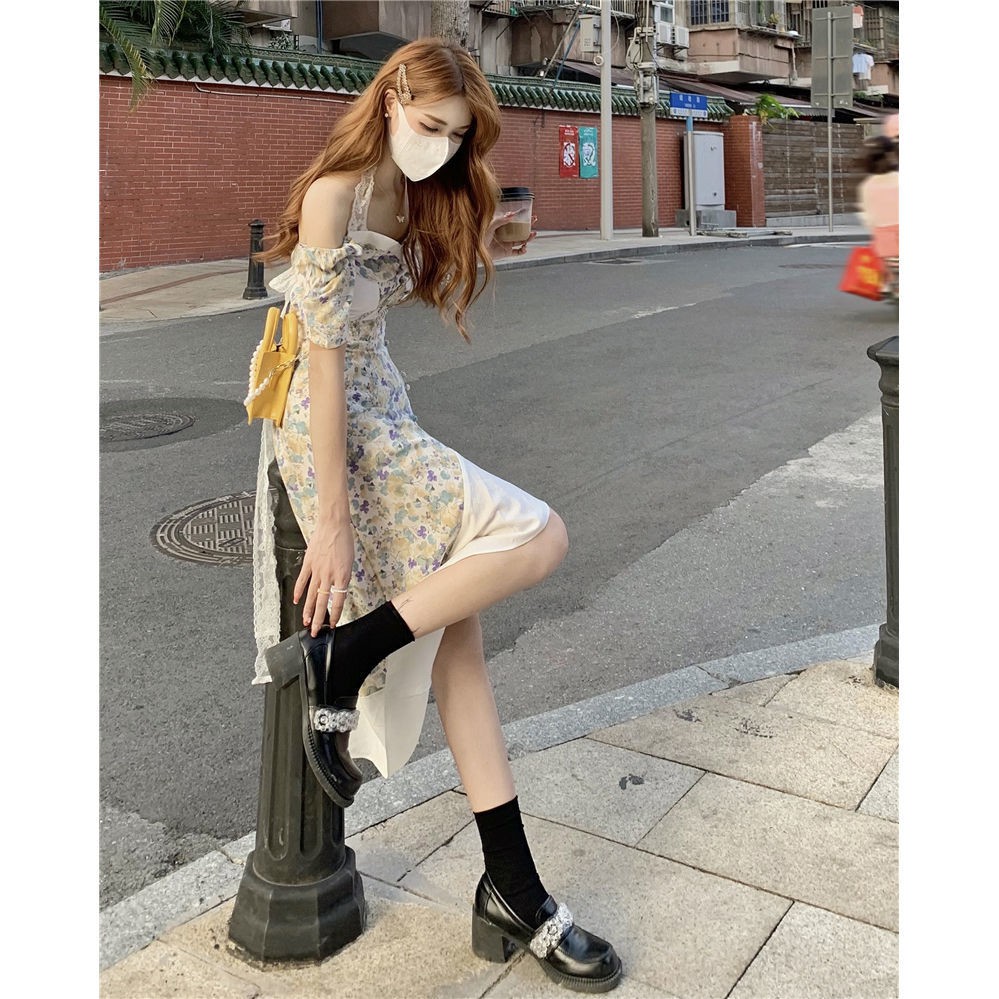 Đầm Dài Trễ Vai Họa Tiết Hoa Nhí Phong Cách Trẻ Trung Năng Động