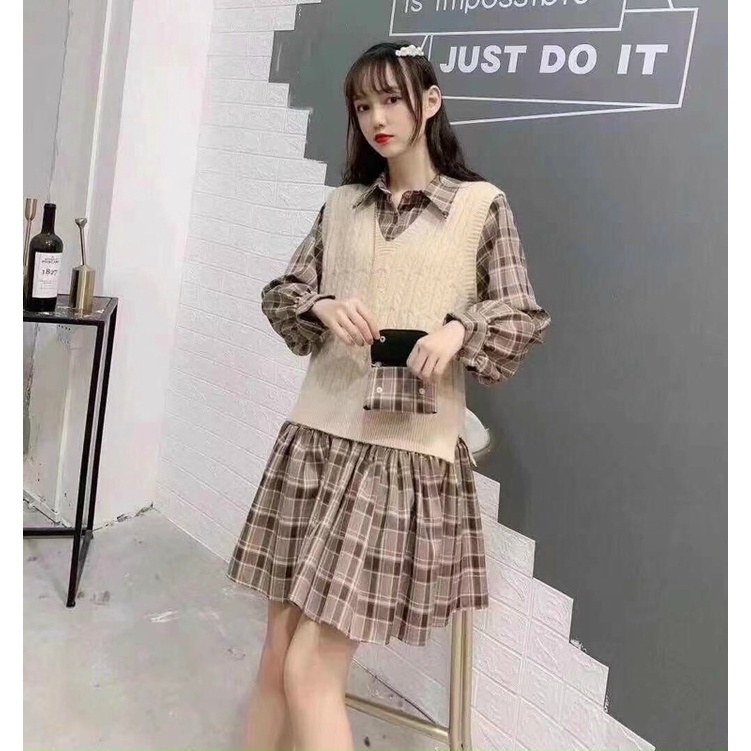 Sét gile + váy kẻ + túi tote