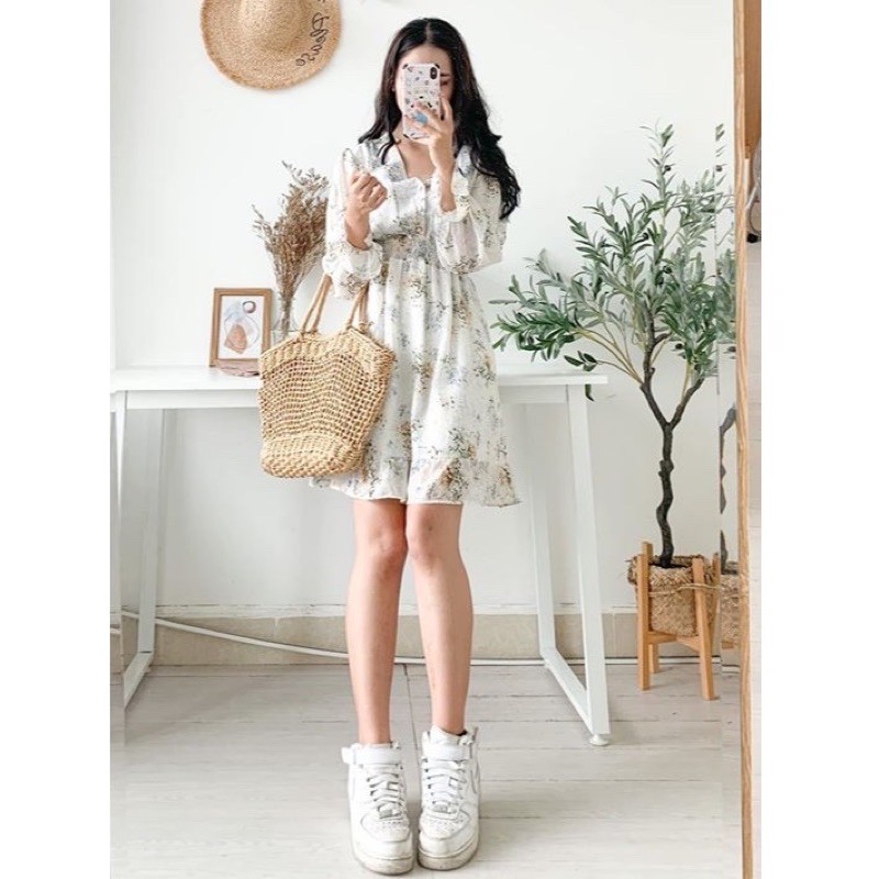 Váy Hoa Nhí Voan, Váy Vintage Hàn quốc cổ tim cúc bọc xinh Ulzzang (hình thậy/ sẵn) | BigBuy360 - bigbuy360.vn