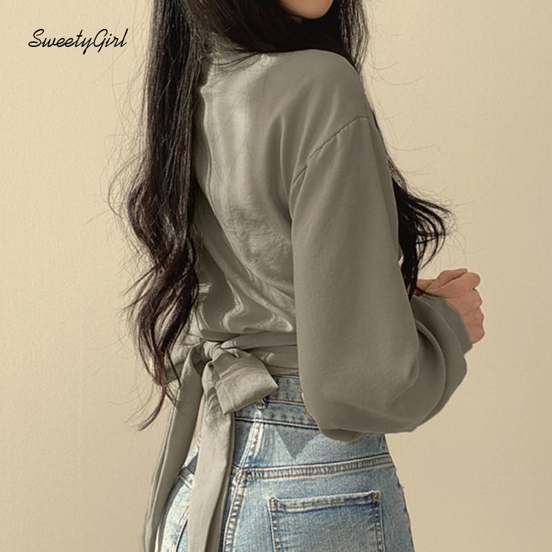 Áo Croptop Tay Dài Cổ Bẻ Màu Trơn 2022 Thời Trang Cho Nữ