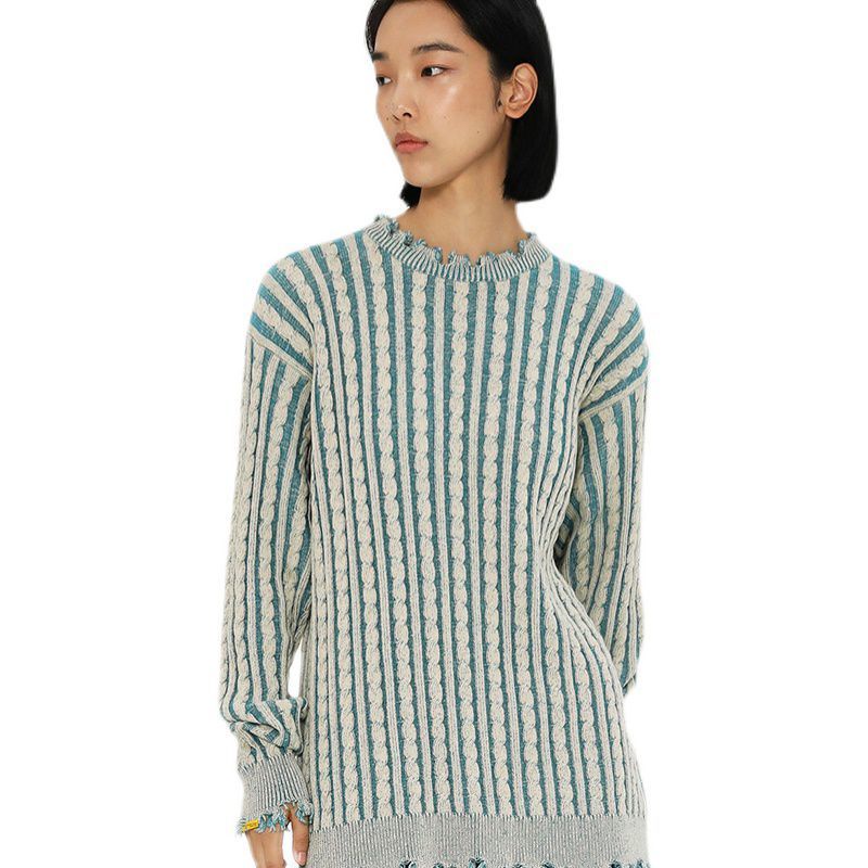 ♤❒✺Áo Sweater Dệt Kim Dáng Ôm Kẻ Sọc Kiểu Retro Âu Mỹ Thời Trang Thu Đông 2021