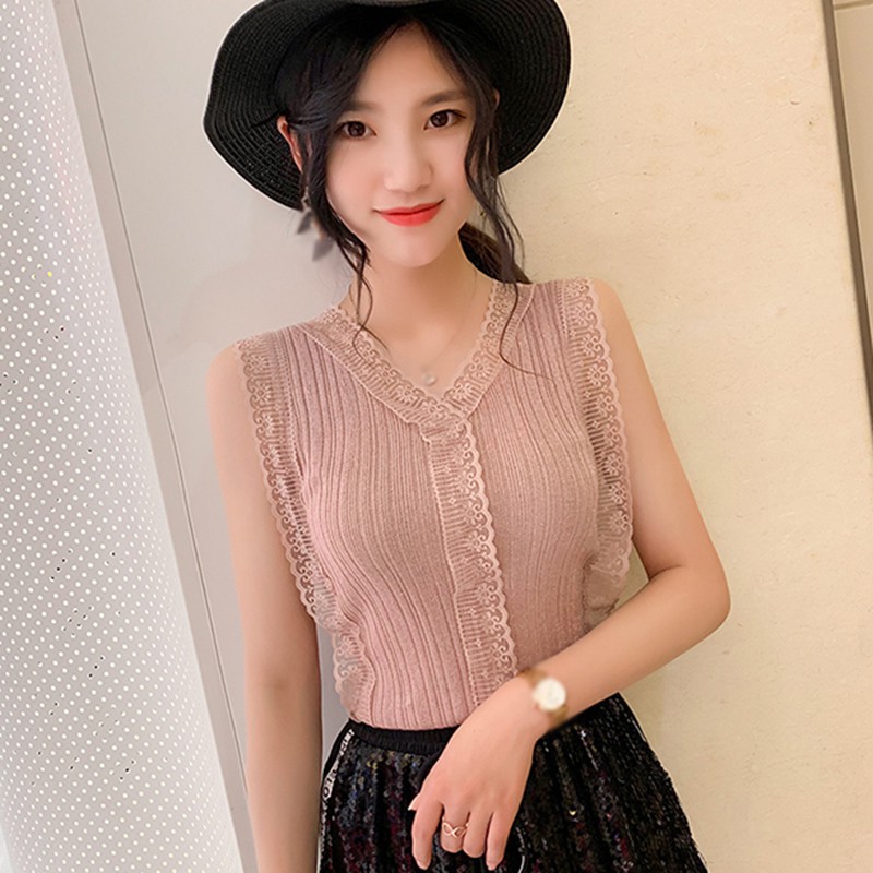 Women Casual Sleeveless Lace Knitted Splice Tops V Neck Hollow Out Pullover Vest | BigBuy360 - bigbuy360.vn