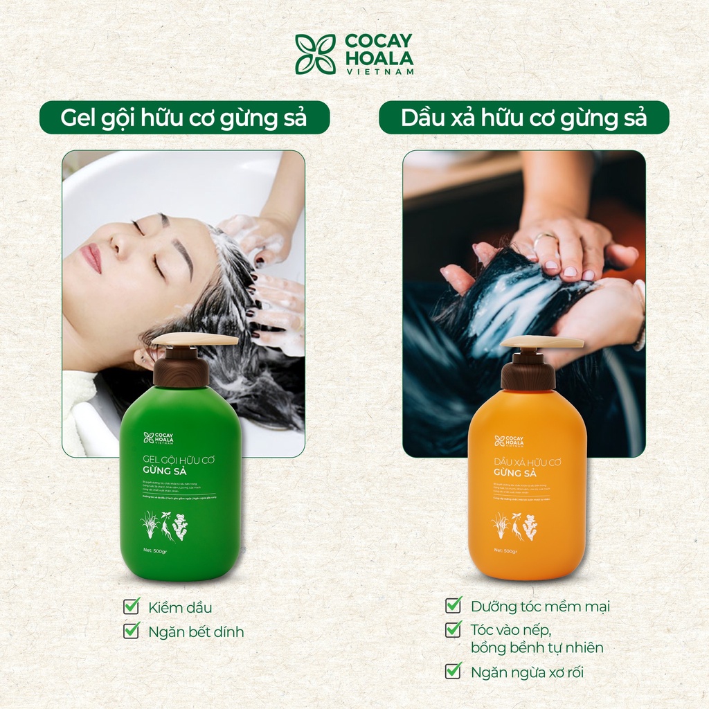 Dầu Gội Xả Hữu Cơ Gừng Sả - Combo dầu gội Cỏ Cây Hoa Lá Làm sạch sâu da đầu, giảm tóc bết 1000g