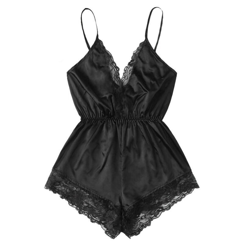 Đồ ngủ liền quần vải satin phối ren hoa thiết kế cổ V quyến rũ