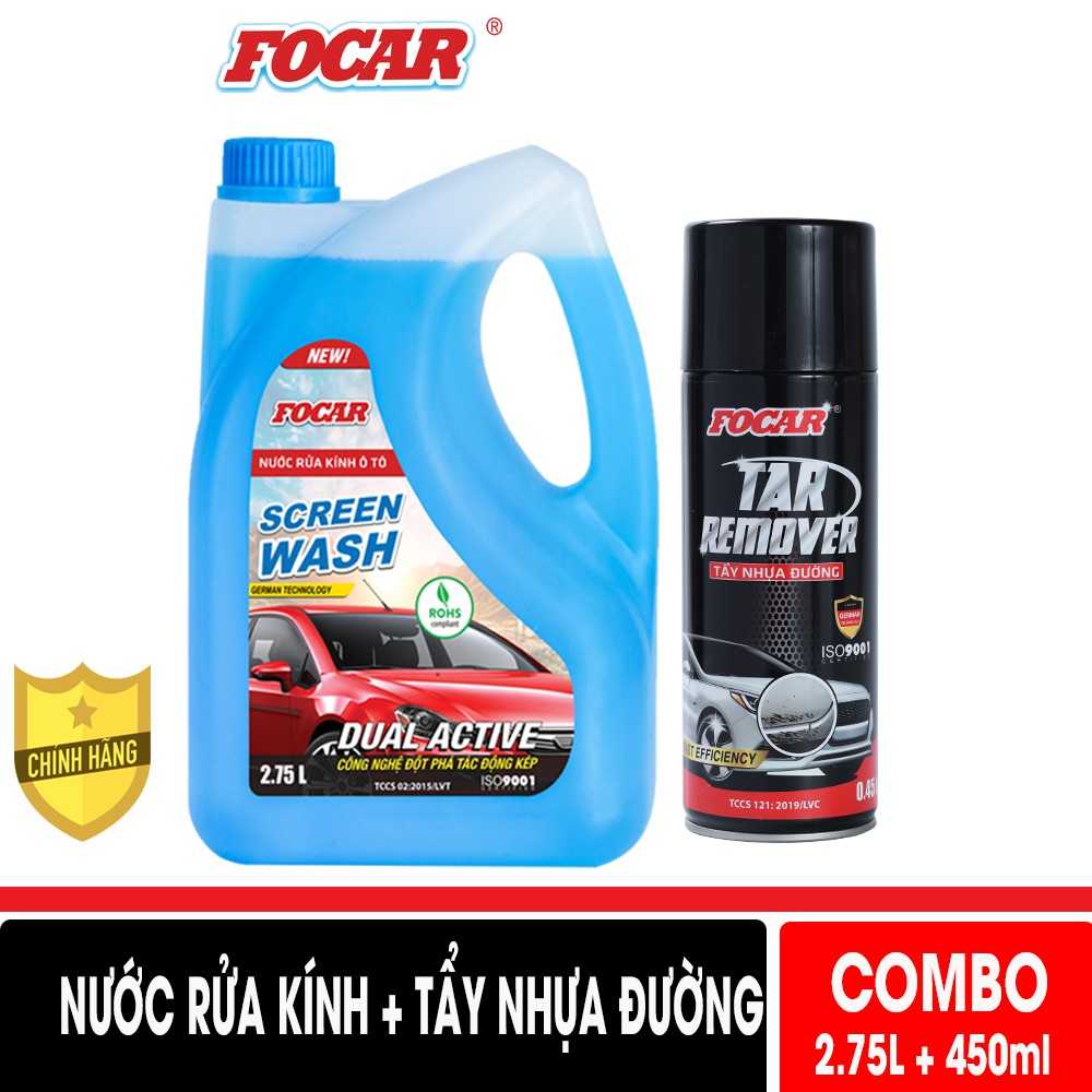 Combo Nước rửa kính xe ô tô Focar 2.75L + Dung dịch tẩy nhựa đường Focar Tar Remover 450ml