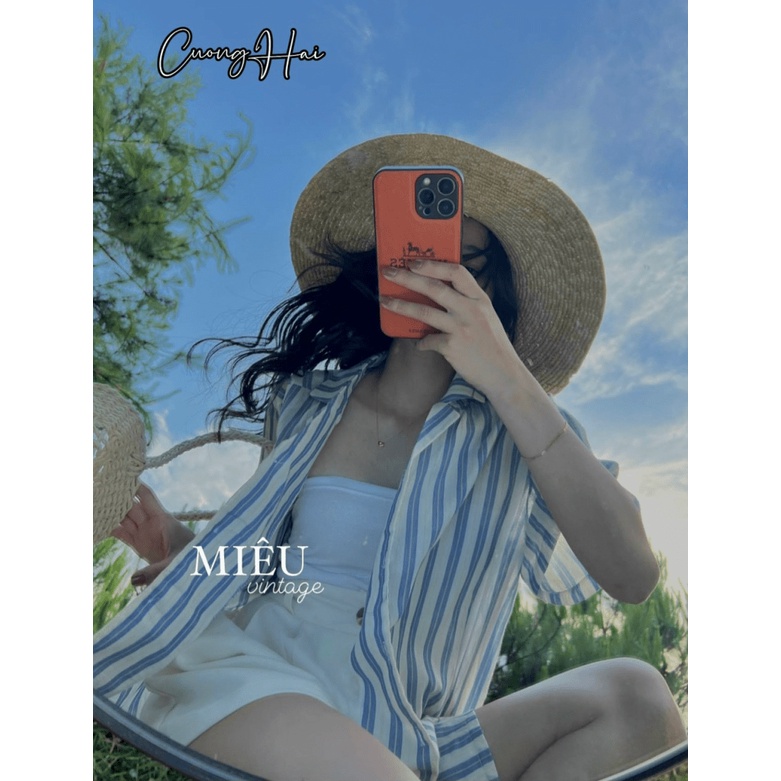 (Free Ship) Sét Áo Sơ Mi Cổ Vest Sọc Xanh Quần Sooc Siêu HOT UP Valetina Shop