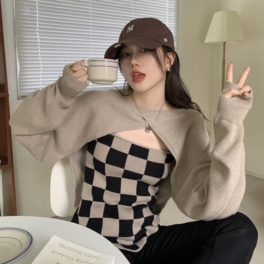 Áo len tay dài hai mảnh họa tiết kẻ ô màu trơn dành cho nữ