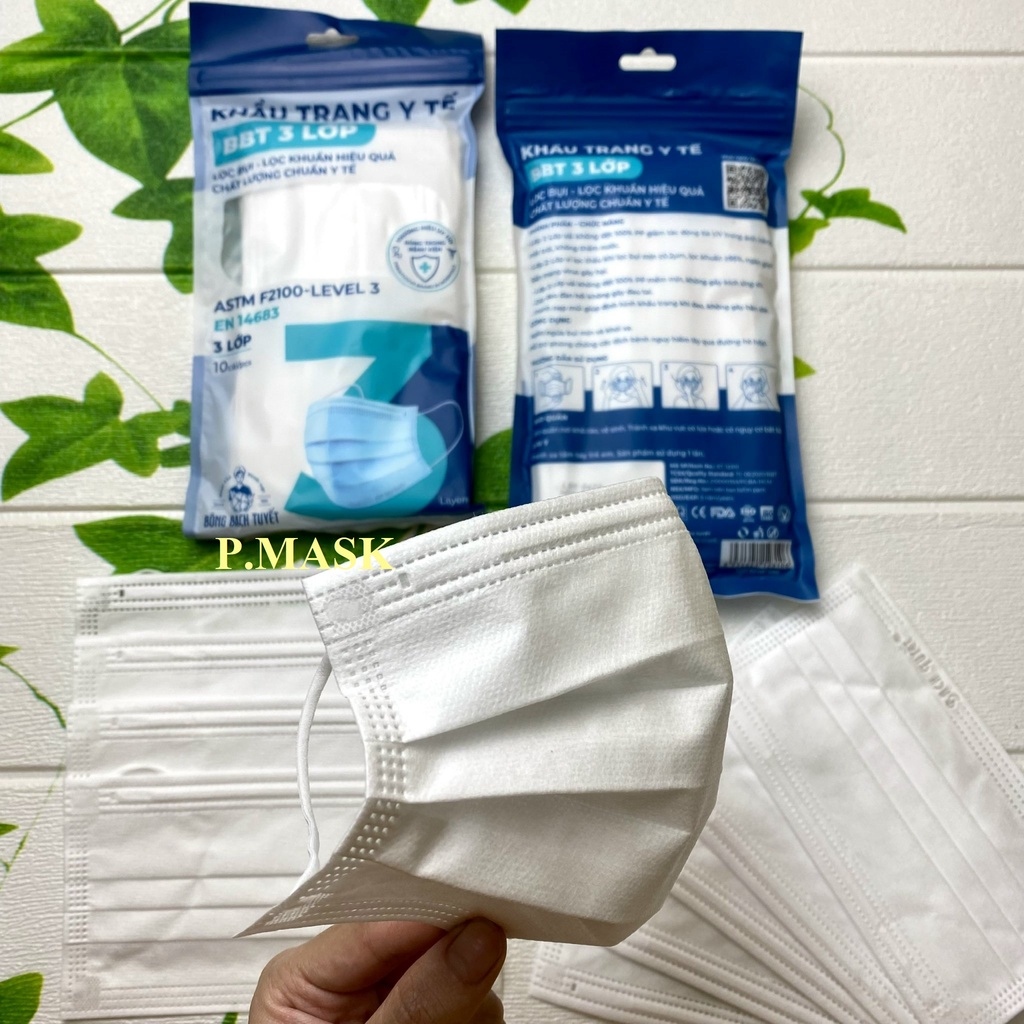 Khẩu trang y tế BÔNG BẠCH TUYẾT 3 LỚP màu Trắng, Xanh 10 cái/ gói