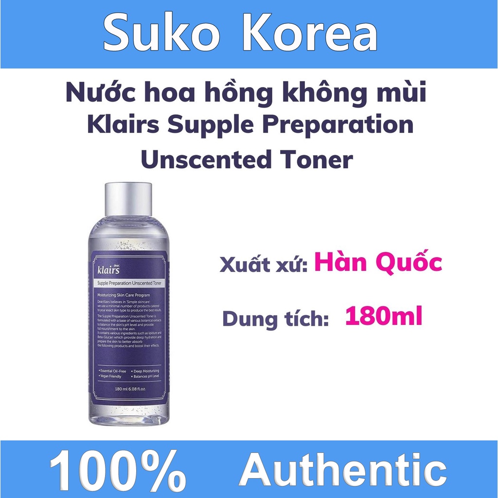 Toner klairs không mùi, nước hoa hồng chống viêm không mùi Klairs Supple Preparation Unscented Toner 180ml chính hãng
