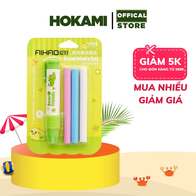 Bút bấm tẩy bút chì kèm 3 cục tẩy thay thế tiện dụng cho bé - gôm tẩy - văn phòng phẩm - HOKAMI STORE